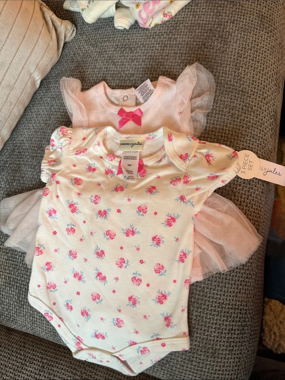 Sincerly Jules Pink Floral & Light Pink Tulle Baby One-Piece Bodysuit Set